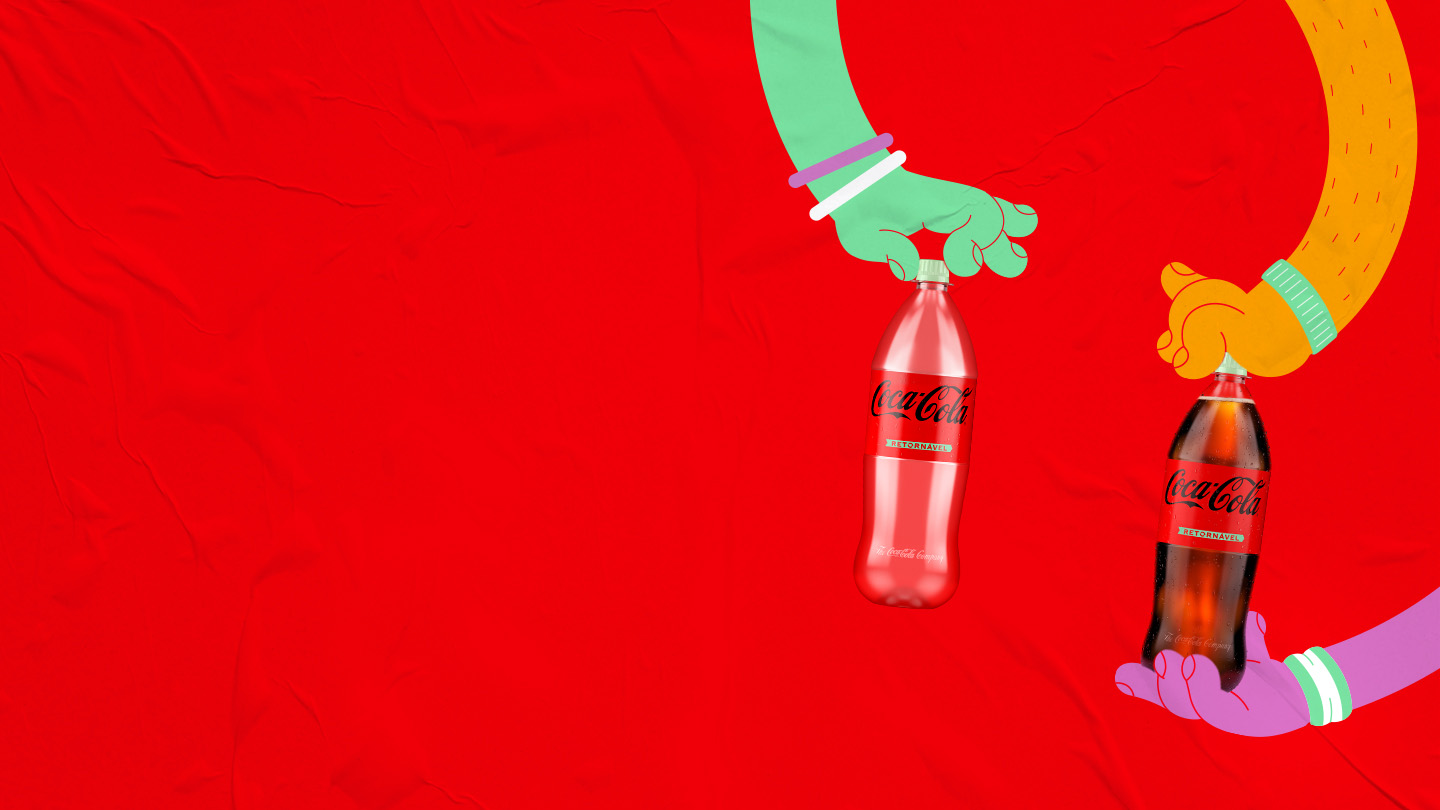 Imagem de fundo vermelho, com ilustração de 3 mãos coloridas segurando garrafas retornáveis de Coca-Cola
