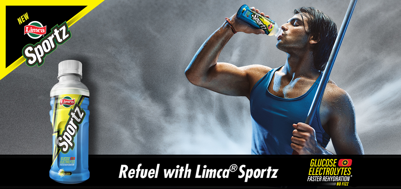 A man drinking a bottle of Limca Sportz with text that reads Refuel wih Limca Sportz
