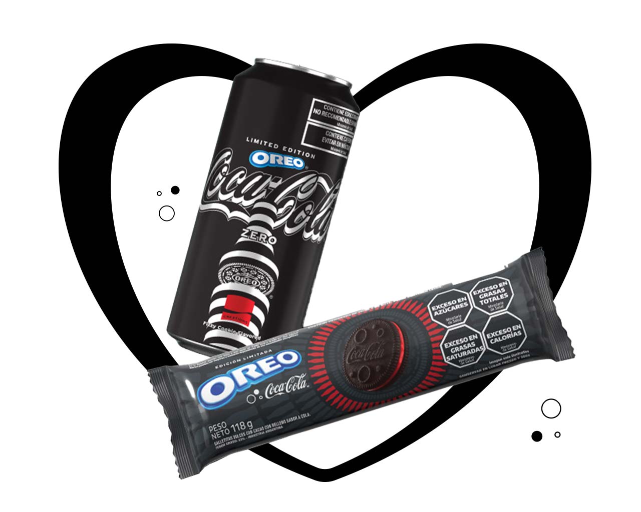 Un corazón blanco con líneas negras enmarca una lata y un paquete de galletitas de las nuevas ediciones limitadas de Coca-Cola y Oreo