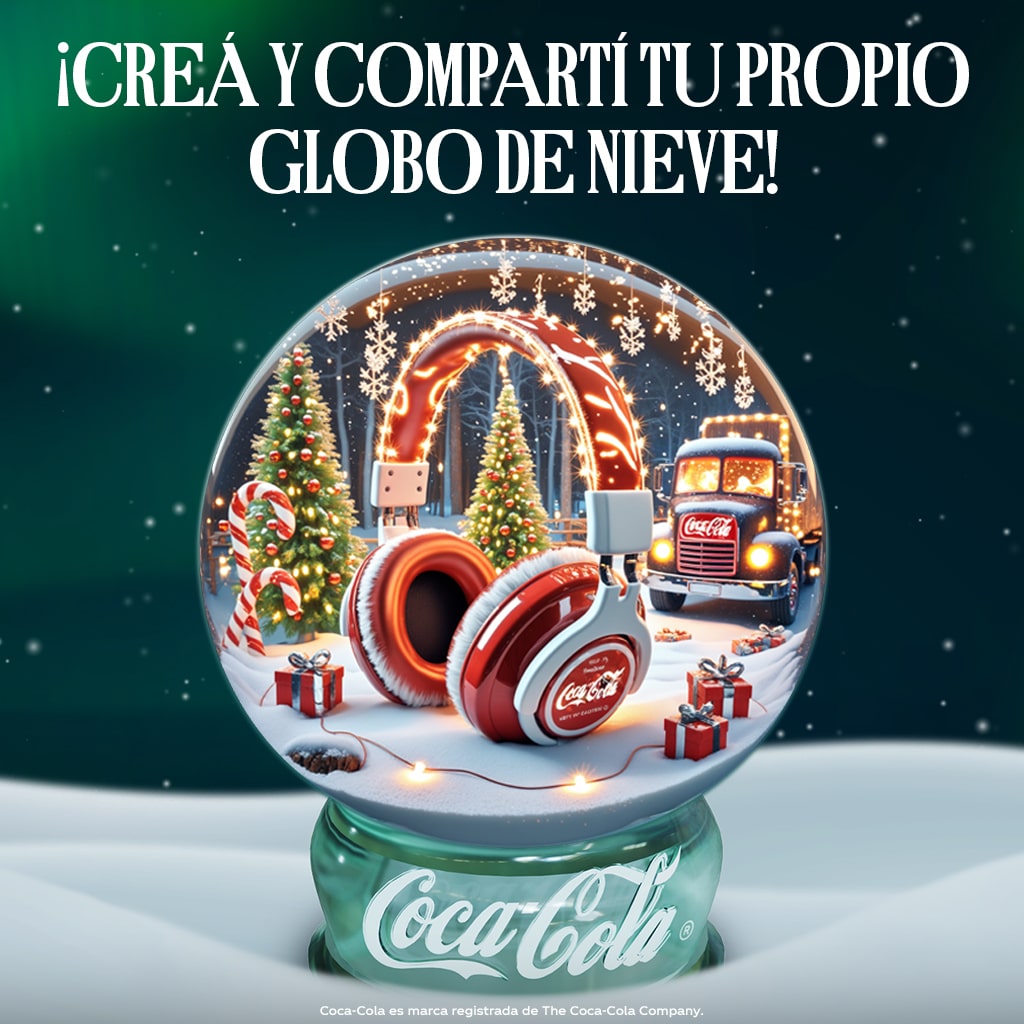 Globo de nieve navideño de Coca-Cola con auriculares, regalos y un camión. Texto: ¡Creá y compartí tu propio globo de nieve!