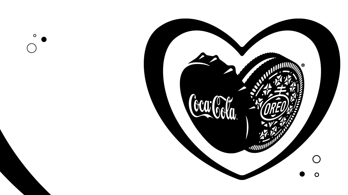 Un corazon blanco con lineas negras enmarca una tapa de Coca-Cola y una galleta Oreo, ambas en blanco y negro haciendo la forma de un corazón. A la izquierda, un texto dice "Edición Limitada, Besties por tiempo limitado".