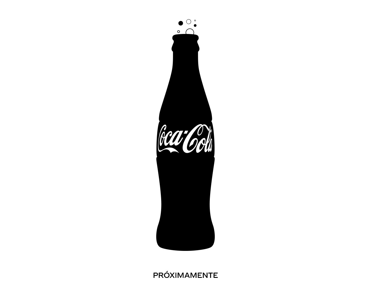 Silueta de una botella negra de Coca-Cola con el logo en blanco en el centro sobre un fondo blanco. Debajo un texto que dice "Próximamente".