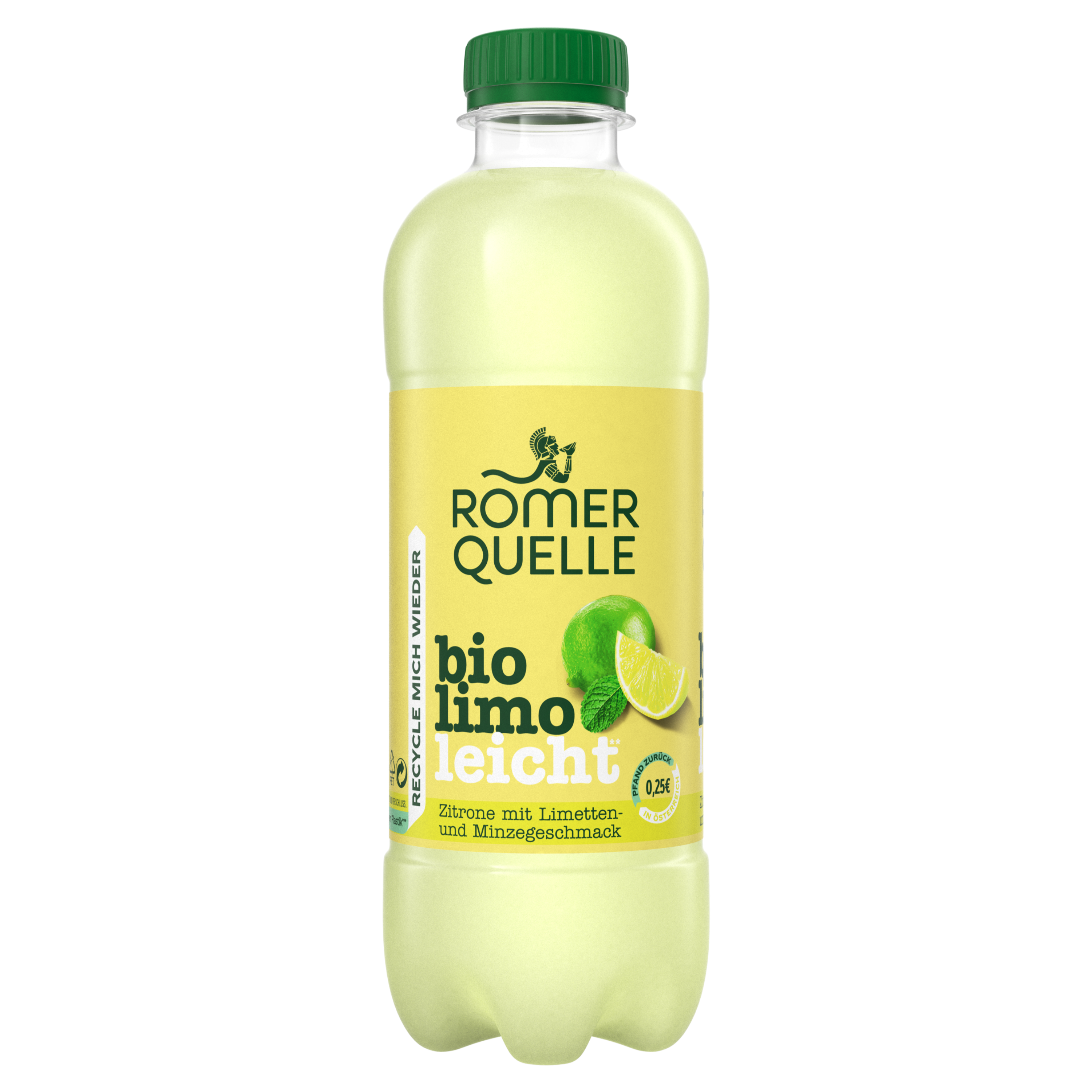 Eine Flasche Römerquelle bio limo leicht Zitrone Limette Minze