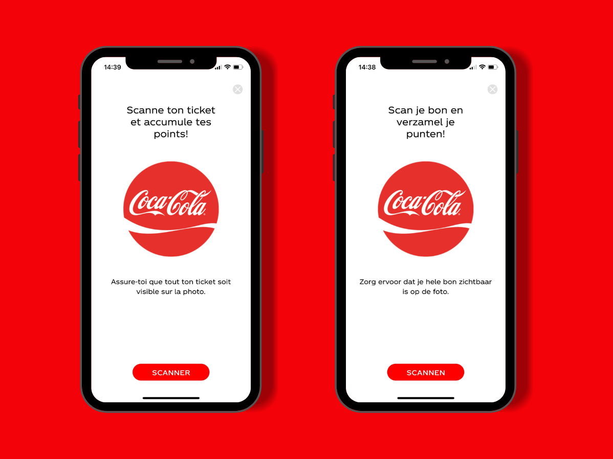 Screenshots van de Coca-Cola App, bonnenscanner campagne