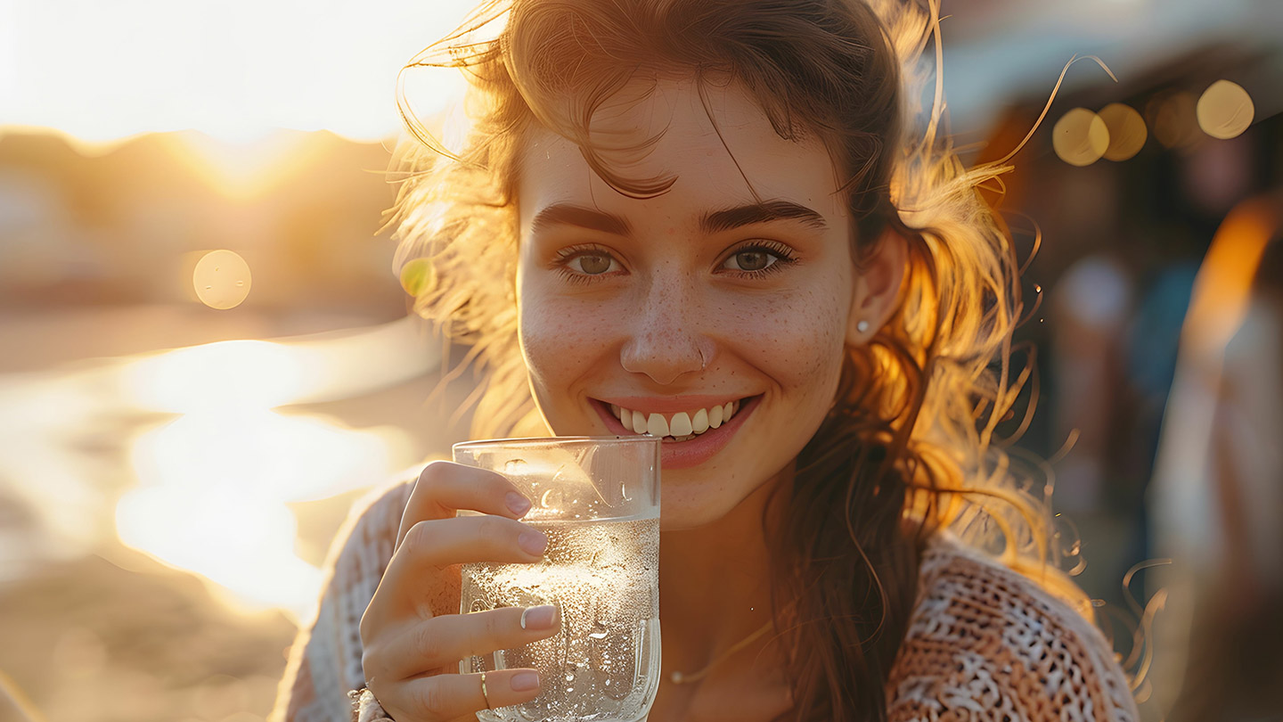 Young woman enjoying a sparkling drink at sunset on a beach, with a warm glow from the sun illuminating her face