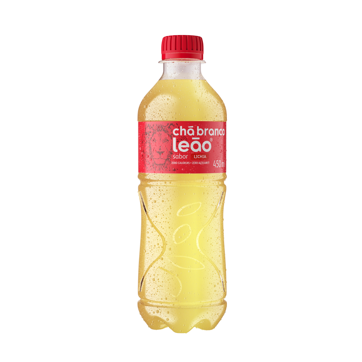 Uma garrafa de refrigerante de Chás Leão em um fundo branco