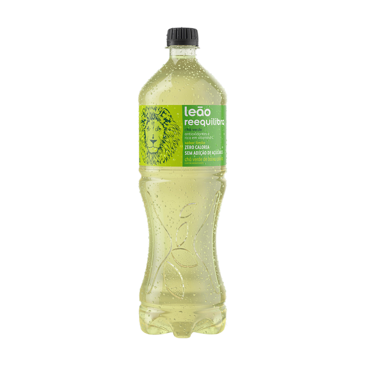 Uma garrafa de refrigerante de Chás Leão em um fundo branco