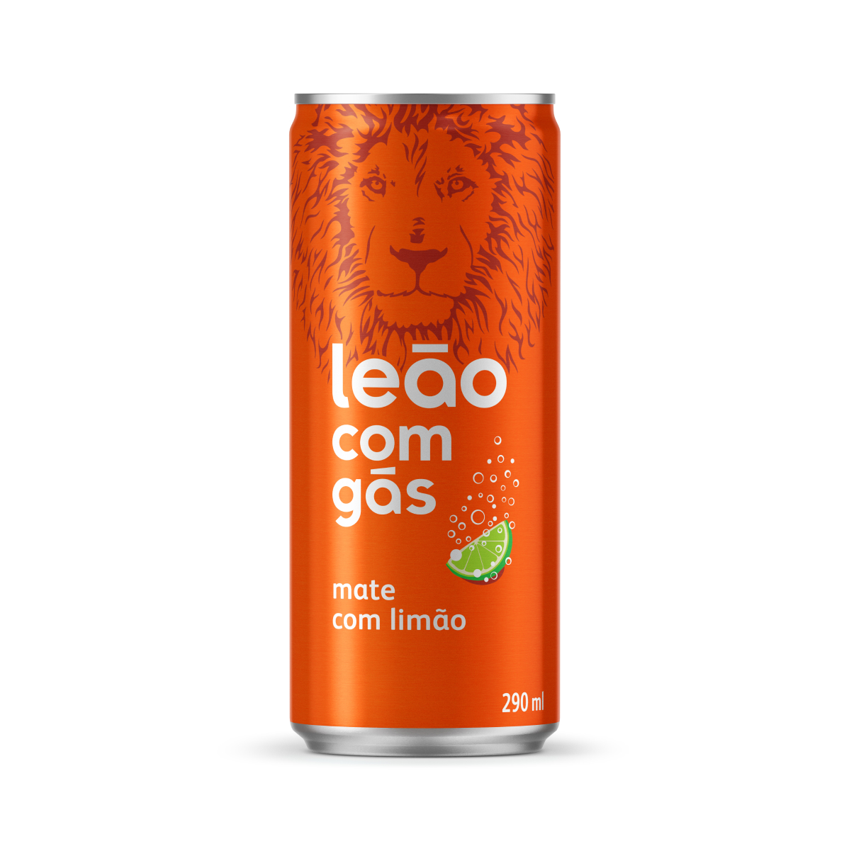 Leão com gás - limão : uma lata de refrigerante com o logo da marca de Chás Leão, com sabor de lima-limão.