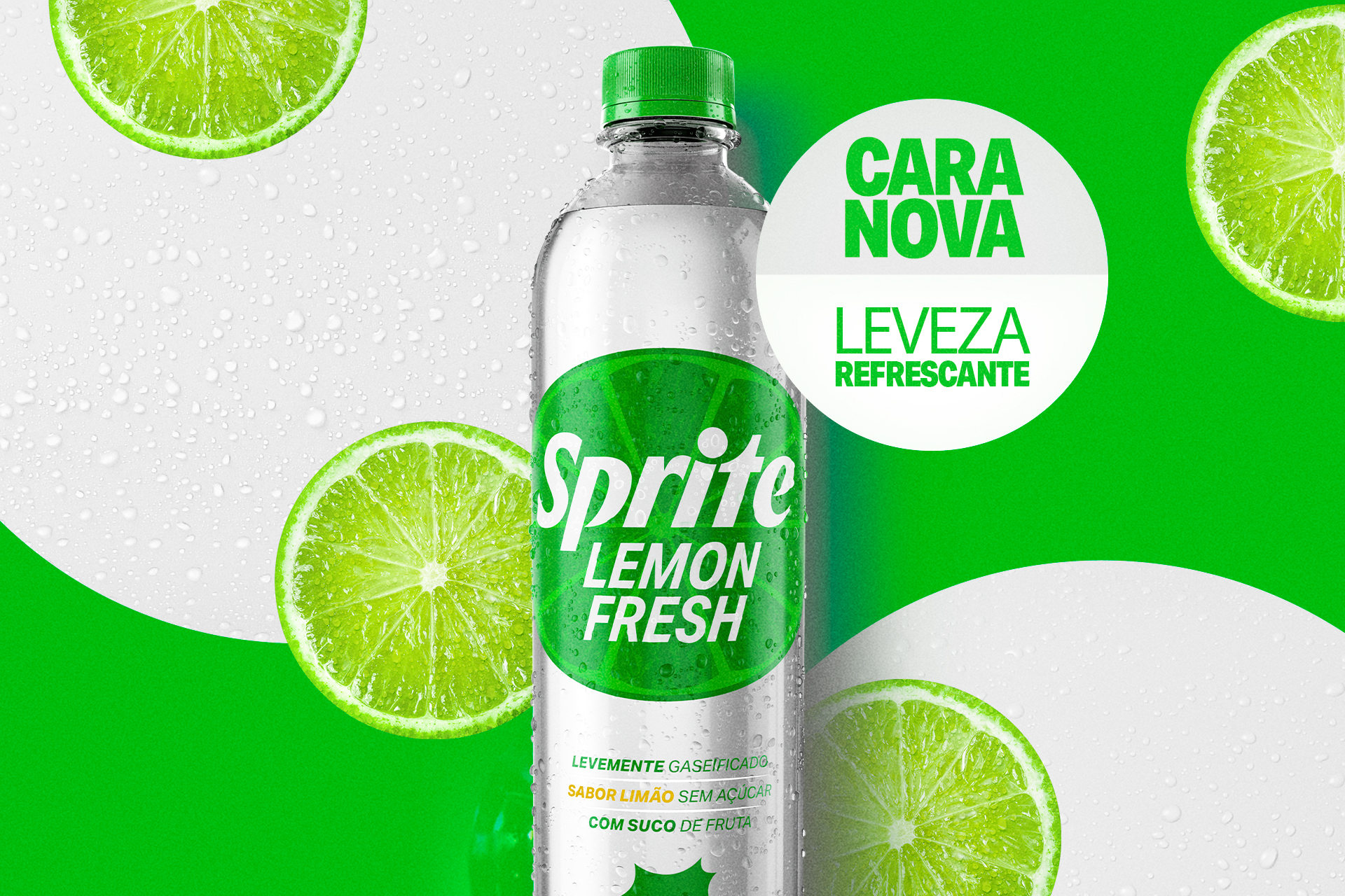 Uma garrafa de Sprite Lemon Fresh em um fundo verde e branco com limões fatiados e o texto 'Cara Nova. Leveza Refrescante'.