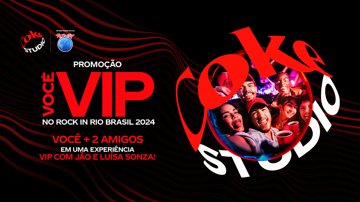 Grupo de amigos sorrindo e segurando copos de Coca-Cola. Texto: Promoção Você VIP no Rock in Rio Brasil 2024. Você + 2 amigos em uma experiência VIP com Jão e Luísa Sonza!