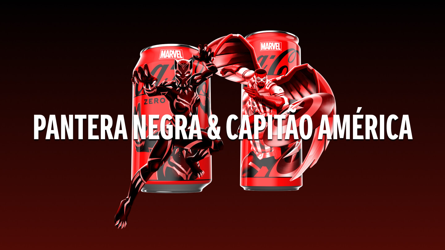 O Pantera Negra e Capitão América saem de duas latas de Coca-Cola edição Marvel zero açúcar . “Pantera Negra & Capitão América” escrito em texto branco no meio. Escaneie os personagens e comece a batalha.