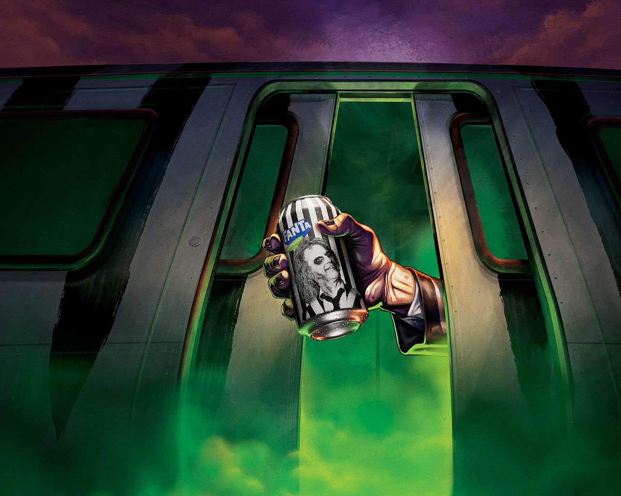 Portas de um trem se abrindo, no interior há uma luz verde e neblina. Da porta, uma mão sombria aparece segurando a nova Fanta Beetlejuice de edição limitada.