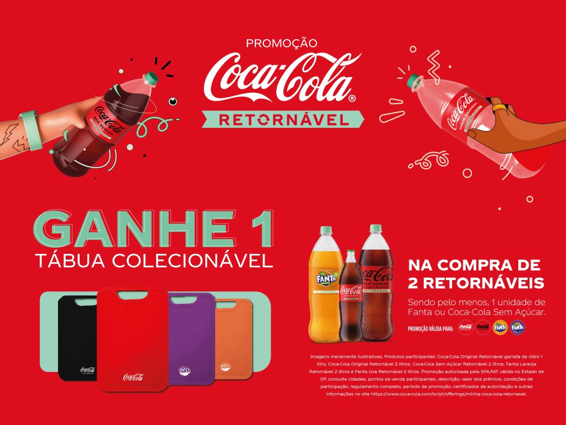 Promoção Coca-Cola: Ganhe uma tábua colecionável na compra de 2 retornáveis!