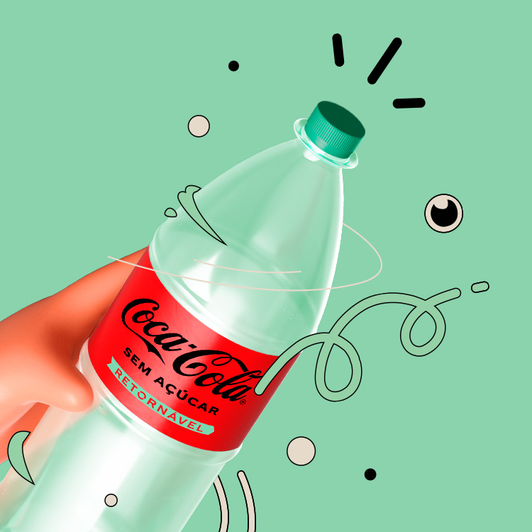 Mão segurando uma garrafa de Coca-Cola retornável com rabiscos ao redor sobre um fundo verde claro