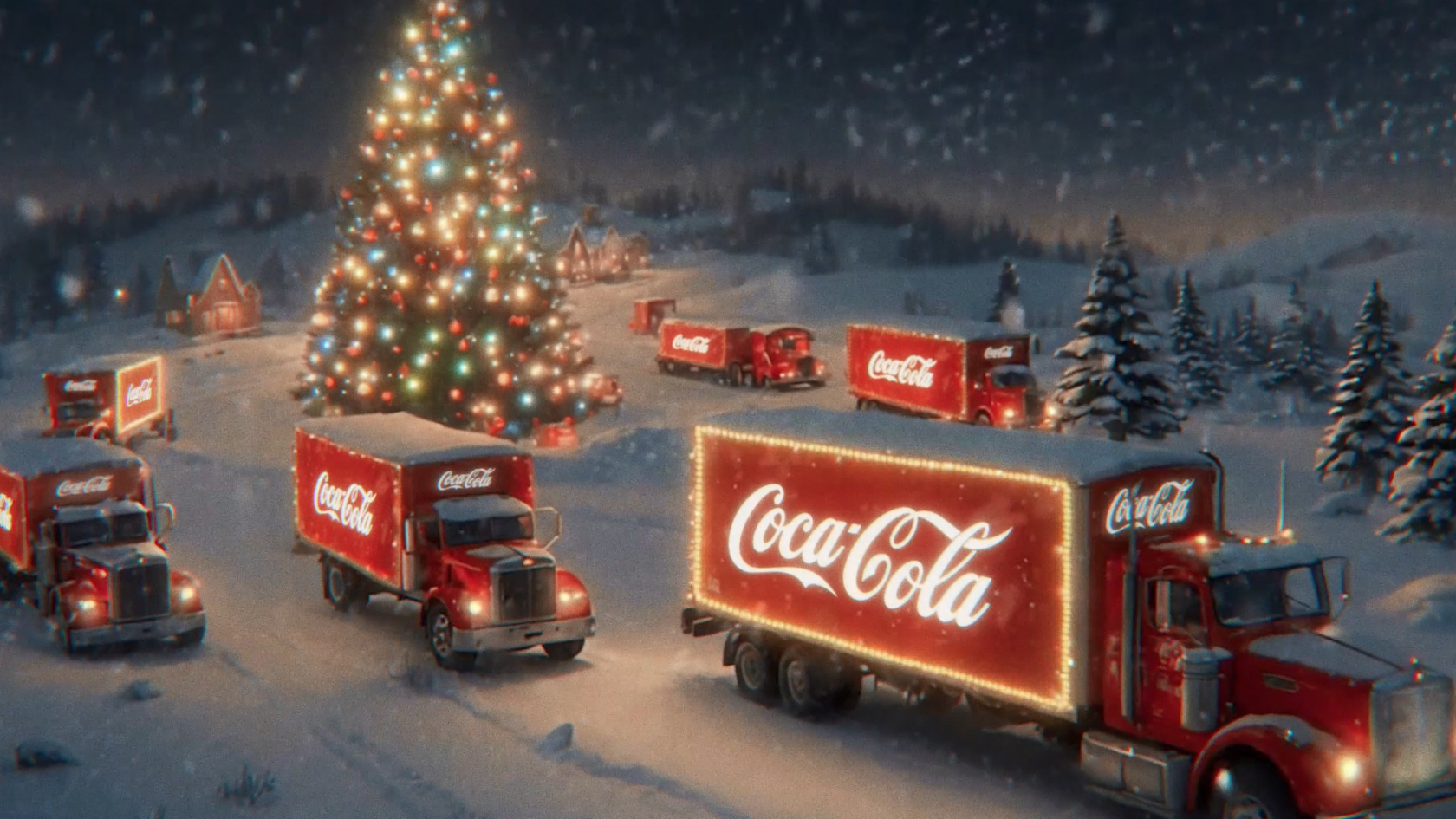 A fleet of Coca-cola caravan trucks drive past a Christmas tree in a snowy field