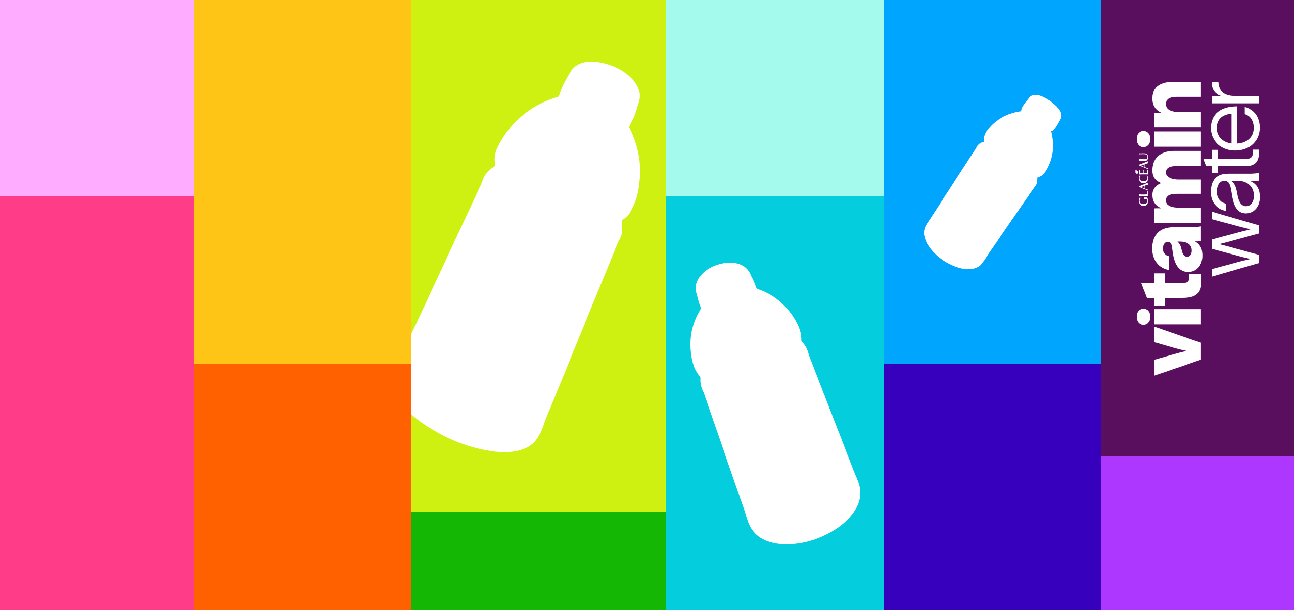 Glaceau Vitaminwater varieties on a two-colored background with the phrase "flexing with 100% dv vitamin c in every bottle"