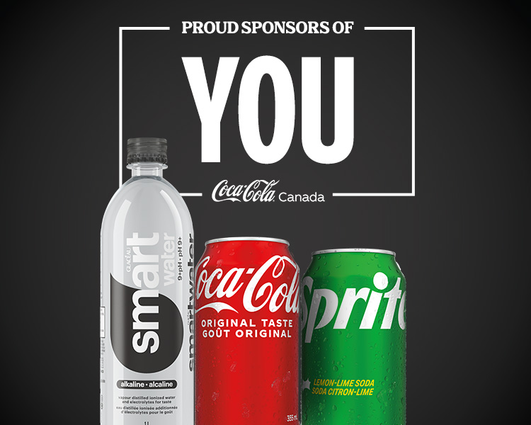 Image of a bottle of smartwater alkaline, a can of coca-cola, and a can of sprite under text reading "Proud sponsors of you."