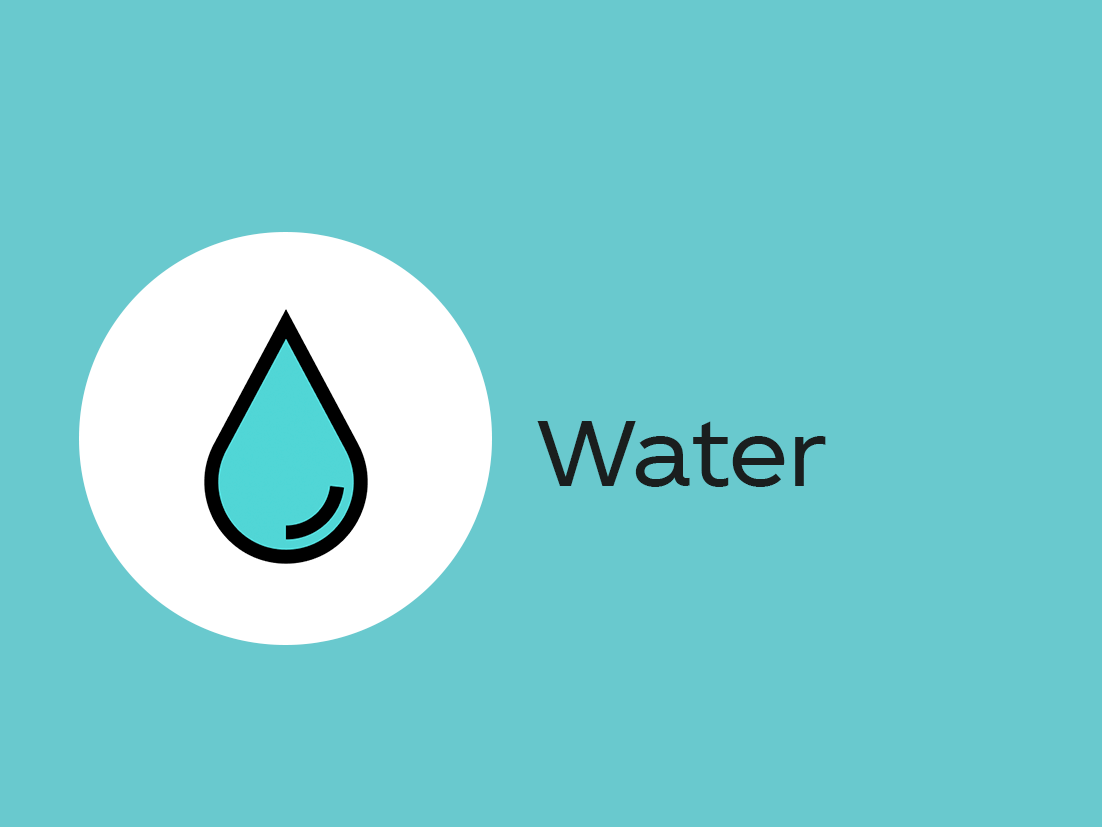 Icon of a water drop with the word 'Water'