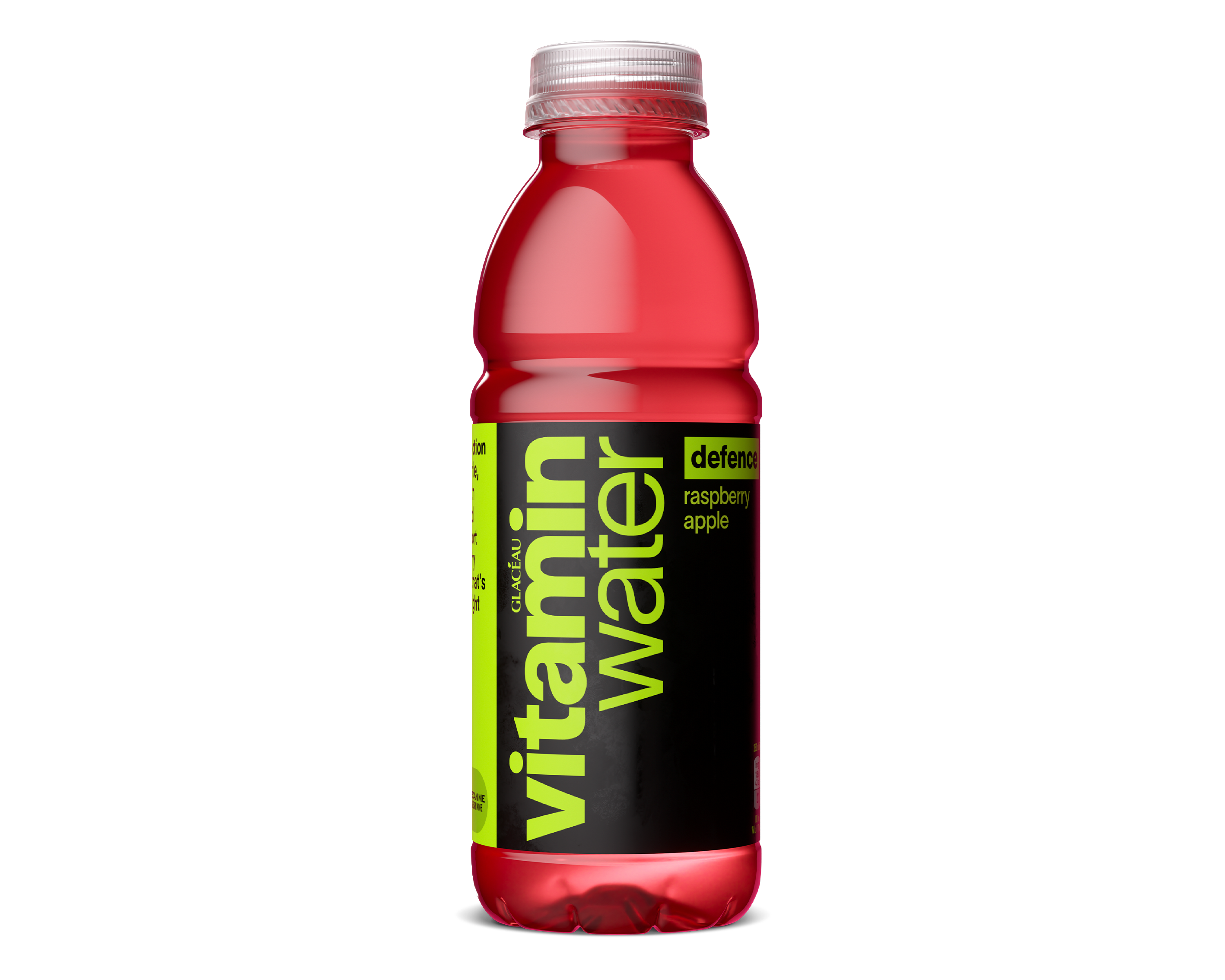 Eine Flasche Glacéau Vitaminwater  in der Variante defence Himbeere Apfel.