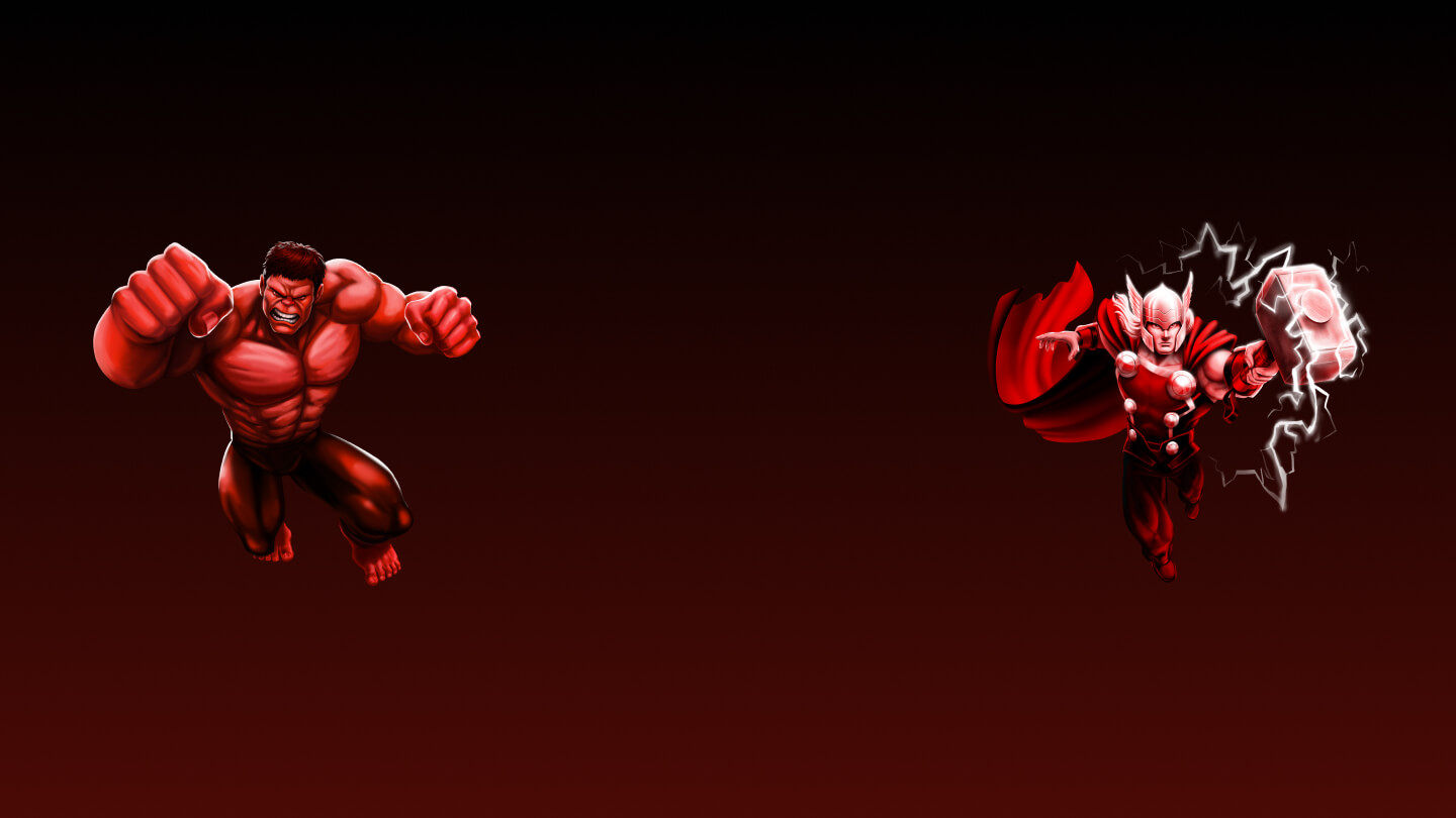 Hulk y Thor se lanzan hacia el frente en posición de ataque sobre un fondo rojo oscuro.