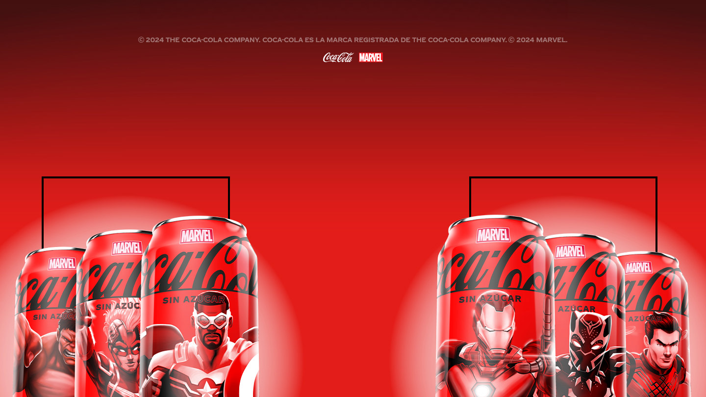 Edición limitada de latas de Coca-Cola de Marvel con personajes impresos sobre un fondo rojo. En las tres latas de la izquierda se encuentran el Capitán América, Capitana Marvel y Hulk. En las tres latas de la derecha están Iron Man, Black Panther y Doctor Strange. 