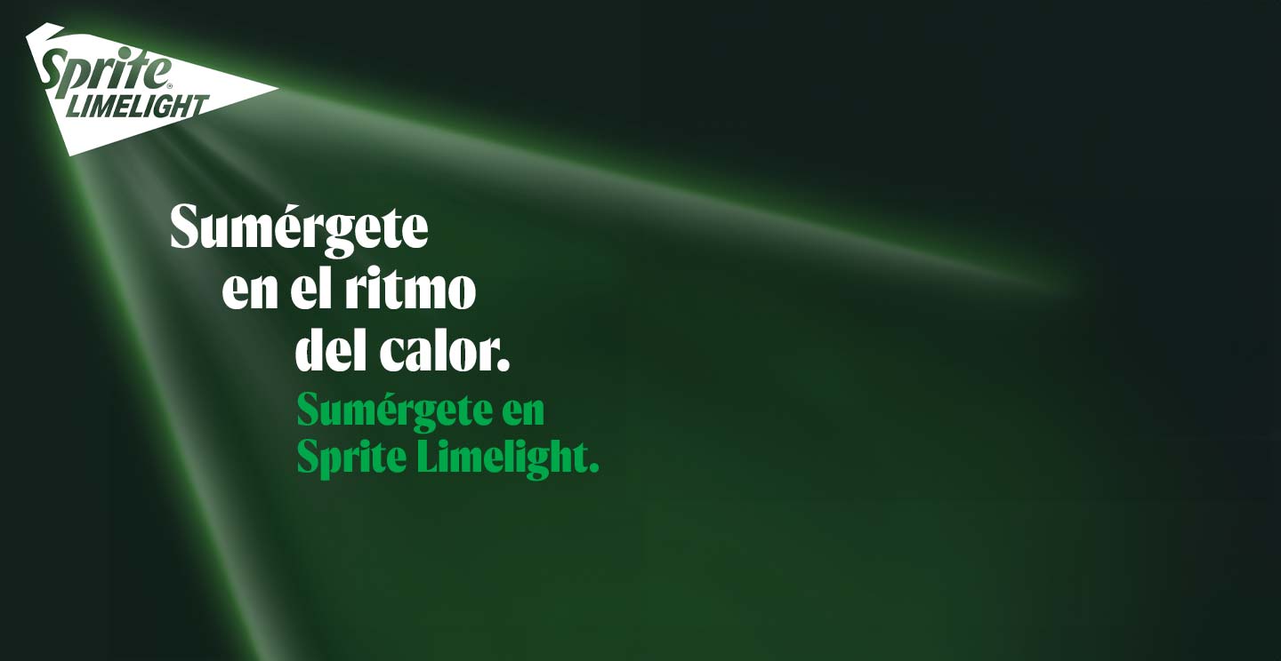 Banner de color verde en difrentes tonalidades, con el texto: Sumérgete en el ritmo del calor. Sumérgete en Sprite Limelight. En la esquina superior izquierda se encuentra el logo Sprite Limelight.