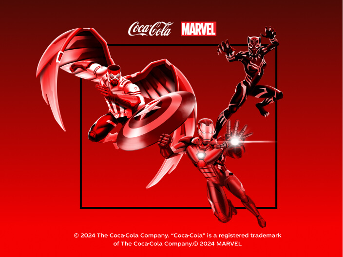 El Capitán América lanzando su escudo al lado de Iron Man a punto de lanzar un poder con la mano y, detrás de él, Black Panther mostrando sus garras en un fondo rojo.