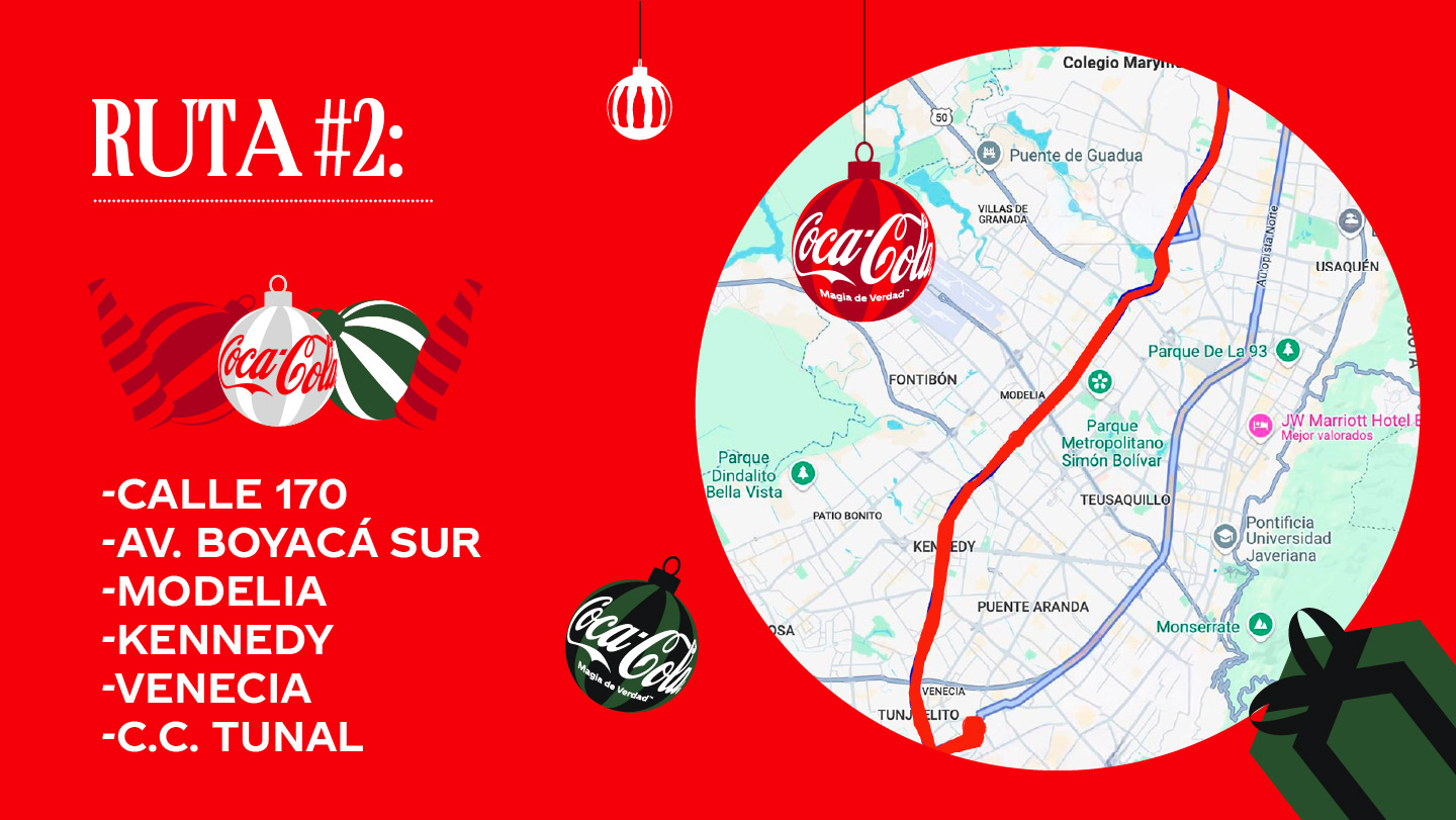 Un mapa que muestra la ruta n.º 2 de la Caravana Navideña de Coca-Cola en Bogotá, Colombia. La ruta incluye la Calle 170, la Av. Boyacá Sur, Modelia, Kennedy, Venecia y el C.C. Tunal.