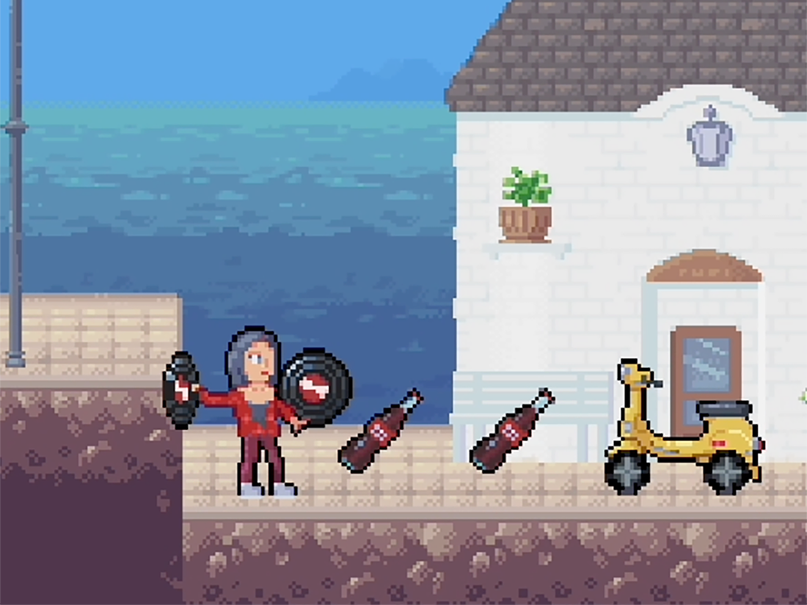 Imagen de juego con personaje sosteniendo discos y una scooter amarilla.