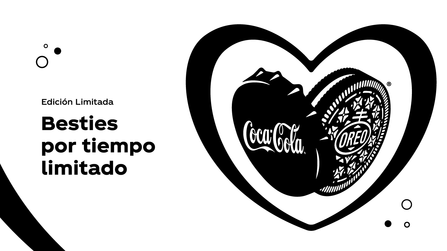 Un corazon blanco con lineas negras enmarca una tapa de Coca-Cola y una galleta Oreo, ambas en blanco y negro haciendo la forma de un corazón. A la izquierda, un texto dice "Edición Limitada, Besties por tiempo limitado". 