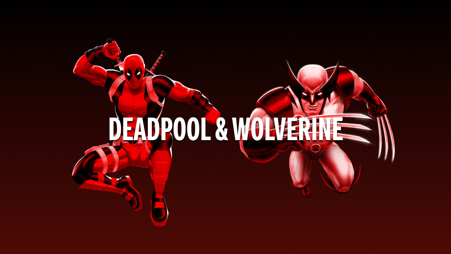 Deadpool y Wolverine saltando hacia adelante listos para atacar sobre un fondo rojo con efecto degradado a negro. “Deadpool & Wolverine” escrito en blanco en el centro. Escanea los personajes y comienza la batalla.