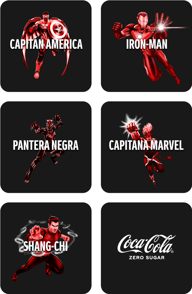 Mosaico de seis cuadrados negros con personajes de Marvel en su interior: Capitan América, Iron-Man, Black Panther, Capitana Marvel y Shang-Chi. En el último cuadrado, en la esquina inferior derecha, está el logotipo de Coca-Cola y el texto “Cero Azúcar”.