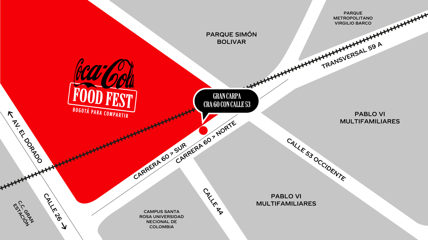 Mapa del Coca-Cola Food Fest en Bogotá, indicando la ubicación de la Gran Carpa en la Carrera 60 con Calle 53.