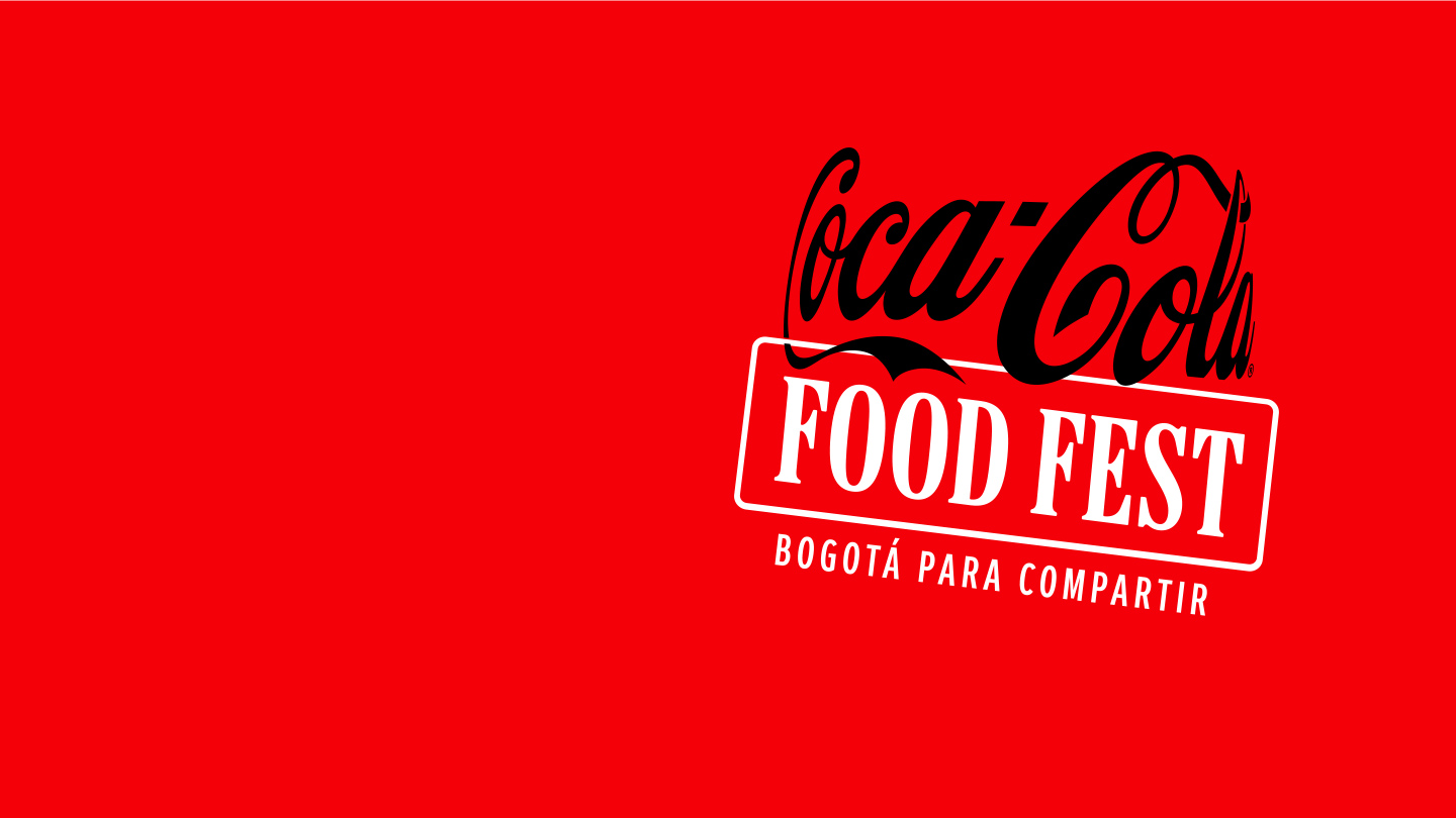 Logo de Coca-Cola Food Fest sobre un fondo rojo, con el lema 'Bogotá para compartir'.