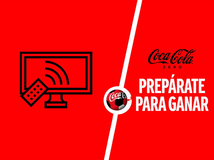 Dibujo de una televisión sobre un fondo rojo. A la derecha el logo de "Coca-Cola Zero" y debajo la frase "Prepárate para ganar"