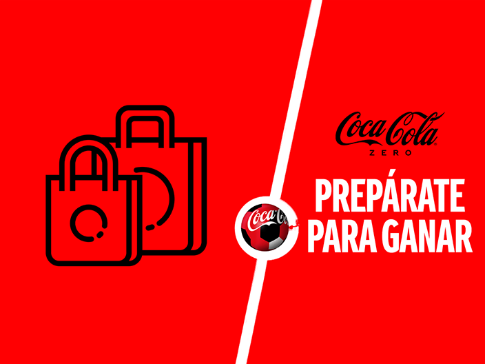 Ilustración de dos bolsas de comras sobre un fondo rojo. A la derecha el logo de "Coca-Cola Zero" y debajo la frase "Prepárate para ganar"