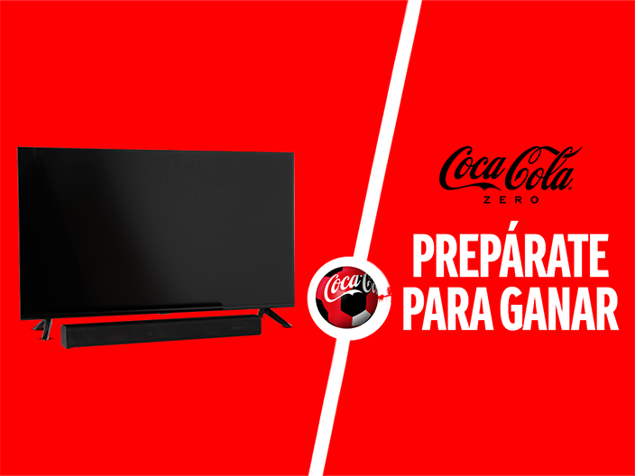 Fotografía de una televisión y una barra de sonido juntas sobre un fondo rojo. A la derecha el logo de "Coca-Cola Zero" y debajo la frase "Prepárate para ganar"