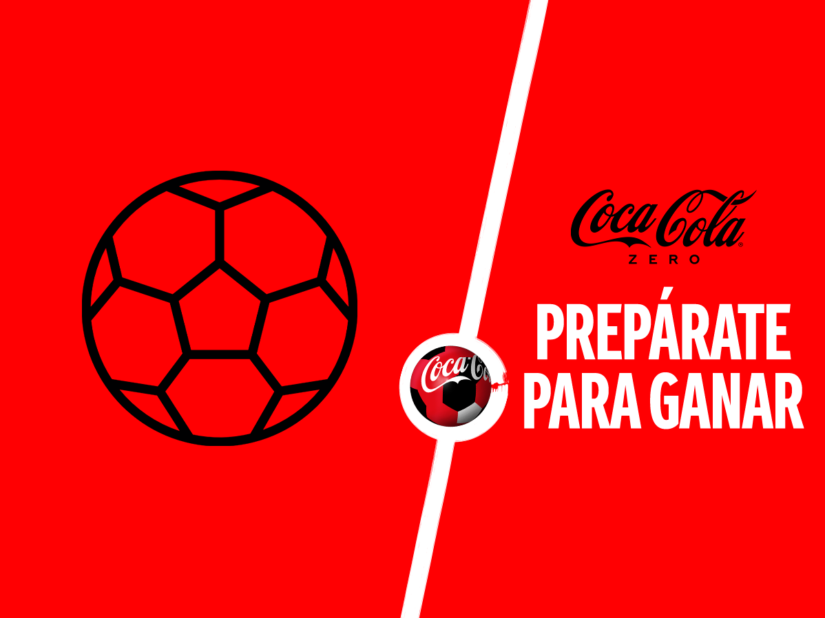 ILustraciónde una pelota sobre un fondo rojo. A la derecha el logo de "Coca-Cola Zero" y debajo la frase "Prepárate para ganar"