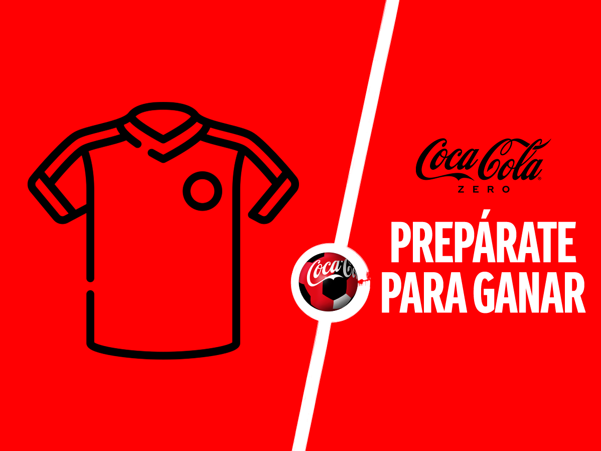 Ilustración de un Jersey sobre un fondo rojo. A la derecha el logo de "Coca-Cola Zero" y debajo la frase "Prepárate para ganar"