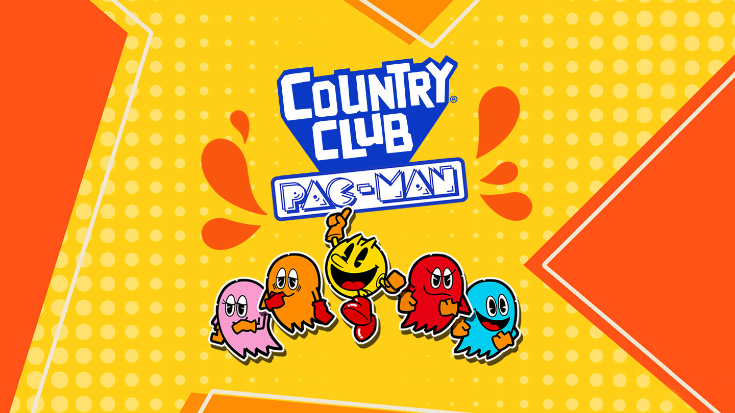 Logo de Country Club con fondo naranja y amarillo y Pac-Man saltando alegremente en el centro, junto con los fantasmas de colores a los lados.