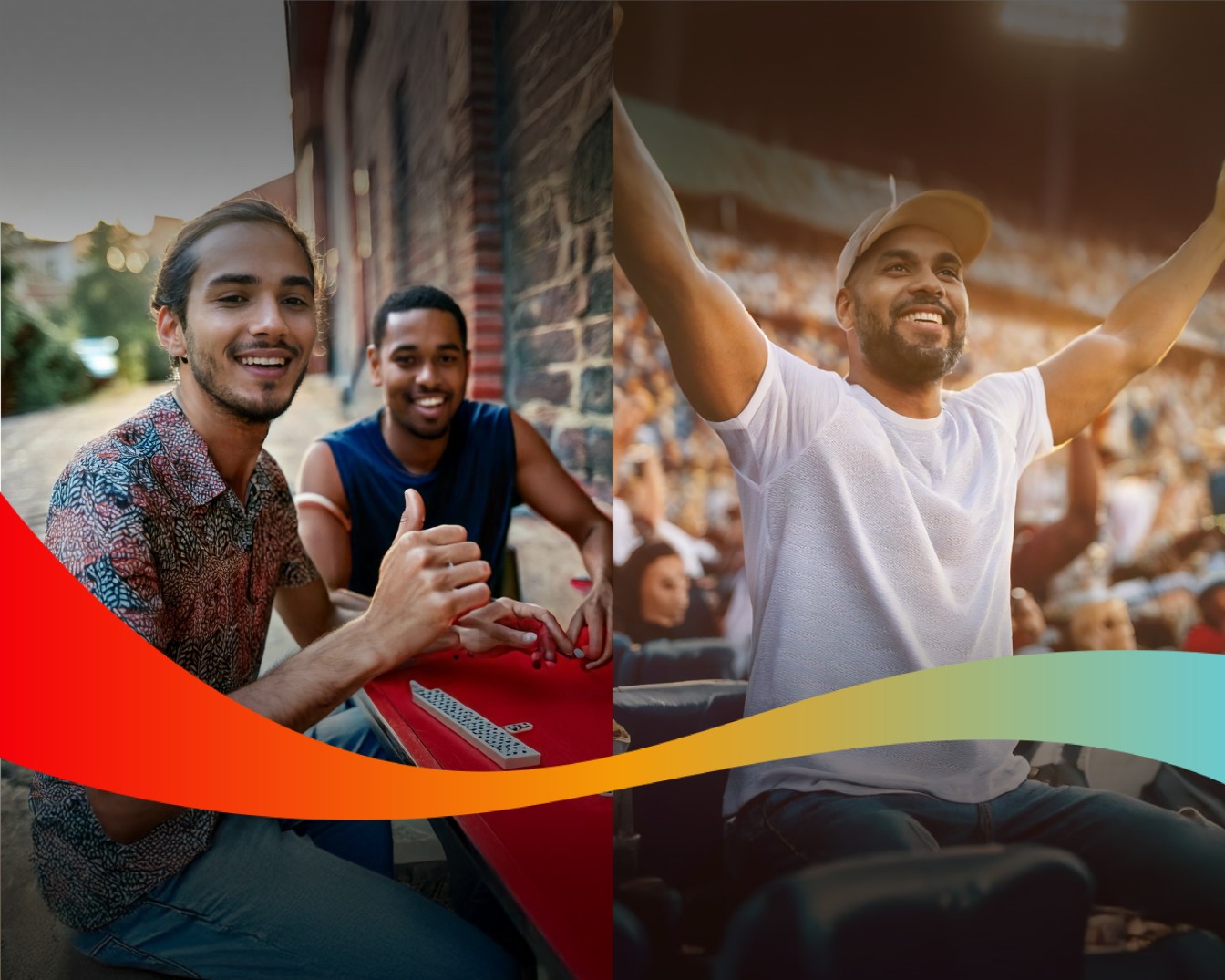 Imagen donde se ven tres hombres, a la izquierda, dos hombres sonriendo, a la derecha, un hombre sonriente en un estadio deportivo