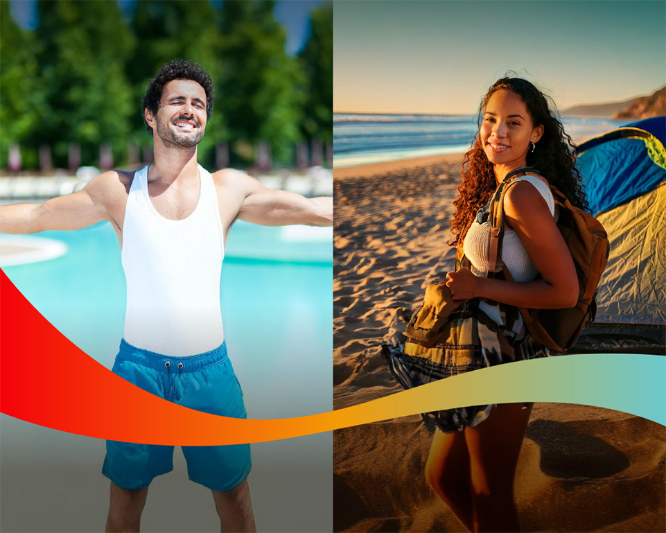 Imagen de dos personas, en la imagen de la izquierda, un hombre sonriendo, con sus brazos abiertos. A la derecha, una joven en la playa, sonriendo