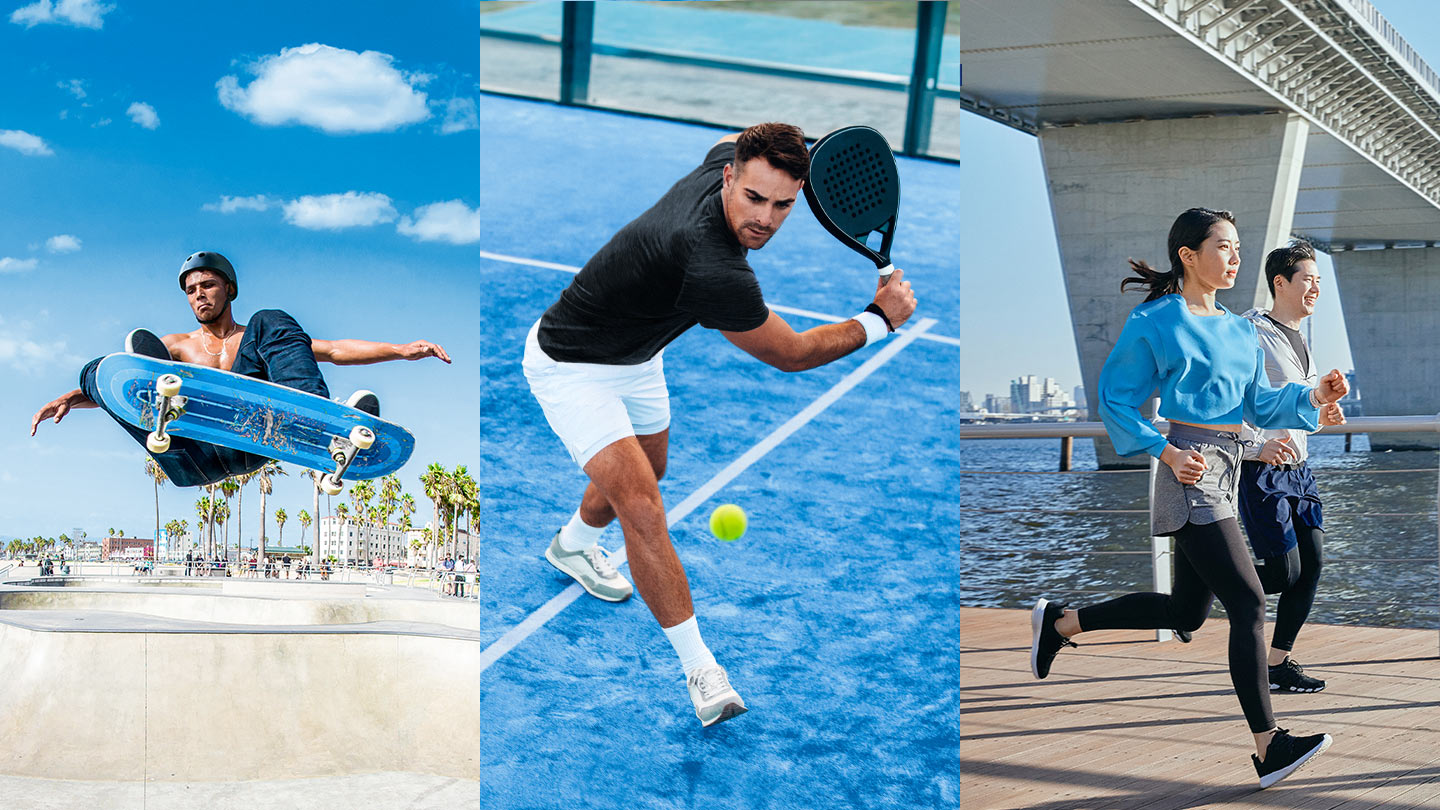 Imagen con tres deportes. En la primera hay una persona andando en skate. En la segunda un deportista jugando al tenis. En la tercera dos deportistas corriendo.