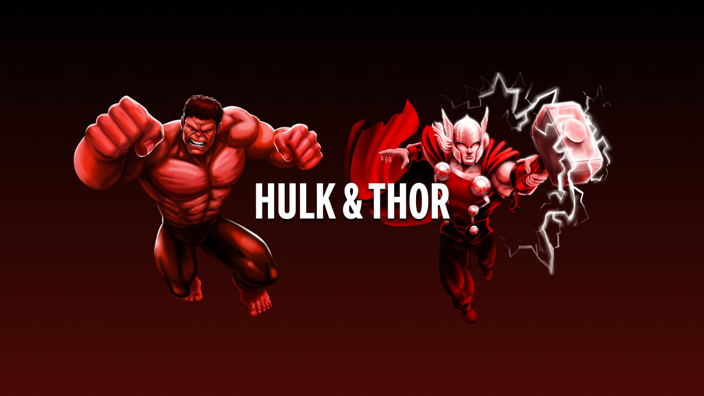 Hulk y Thor saltando al frente en posición de ataque. "Hulk & Thor" escrito en texto blanco en el medio. Escanea los personajes y comienza la batalla.