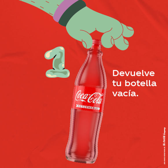 Botella retornable de Coca-Cola con el número 1 y el texto "Devuelve tu botella vacía".