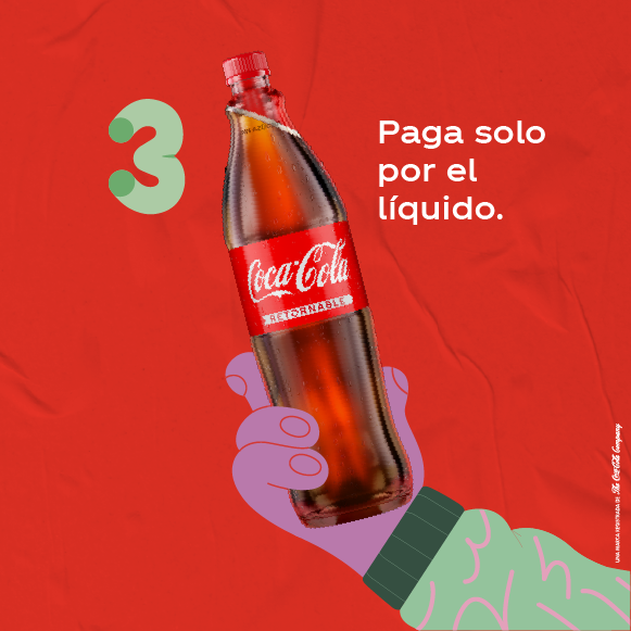 Botella retornable de Coca-Cola con el número 3 y el texto "Paga solo por el líquido".