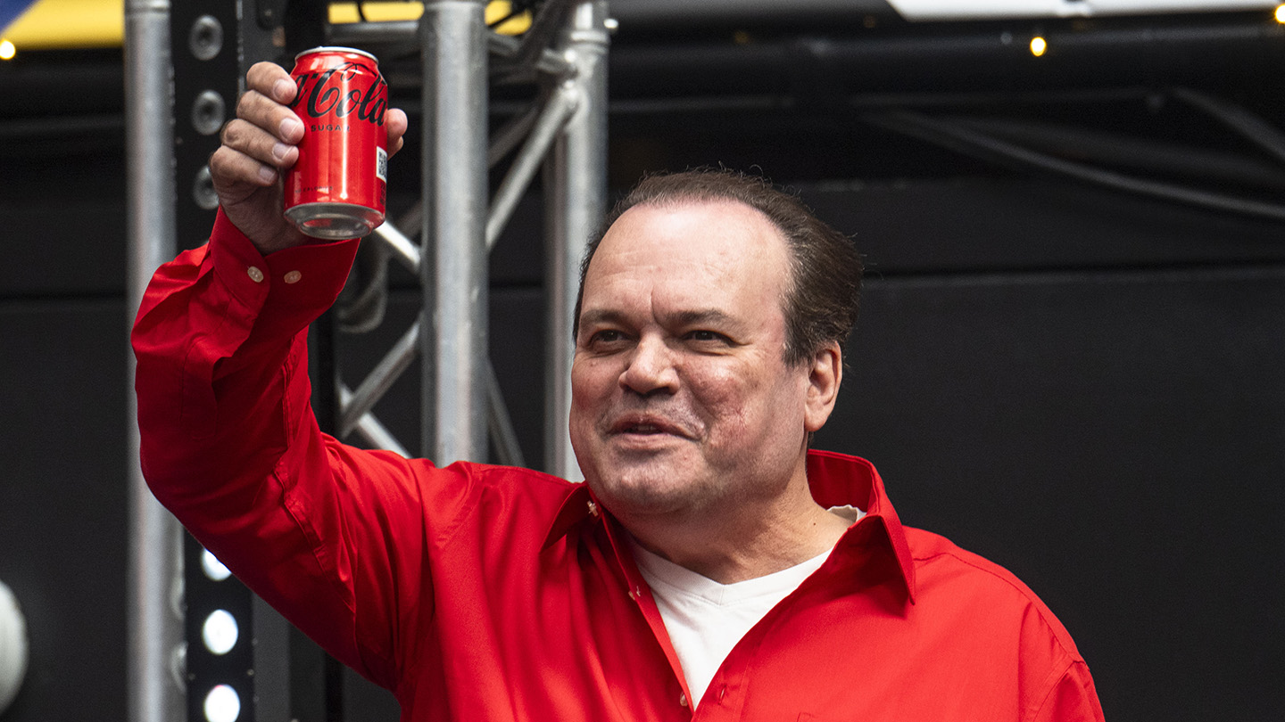 EDITORIAL USE ONLY
Aitch and Shaun Williamson perform Sweet Caroline on the Coca-Cola Zero Sugar stage at BOXPARK in Wembley ahead of England’s UEFA EURO 2024 game against Denmark. Picture date: Thursday June 20, 2024. PA Photo. New research from Coca-Cola Zero Sugar revealed that Sweet Caroline ranked the nation's favourite football anthem, above Three Lions and We Are The Champions. Photo credit should read: John Nguyen/PA Media Assignments