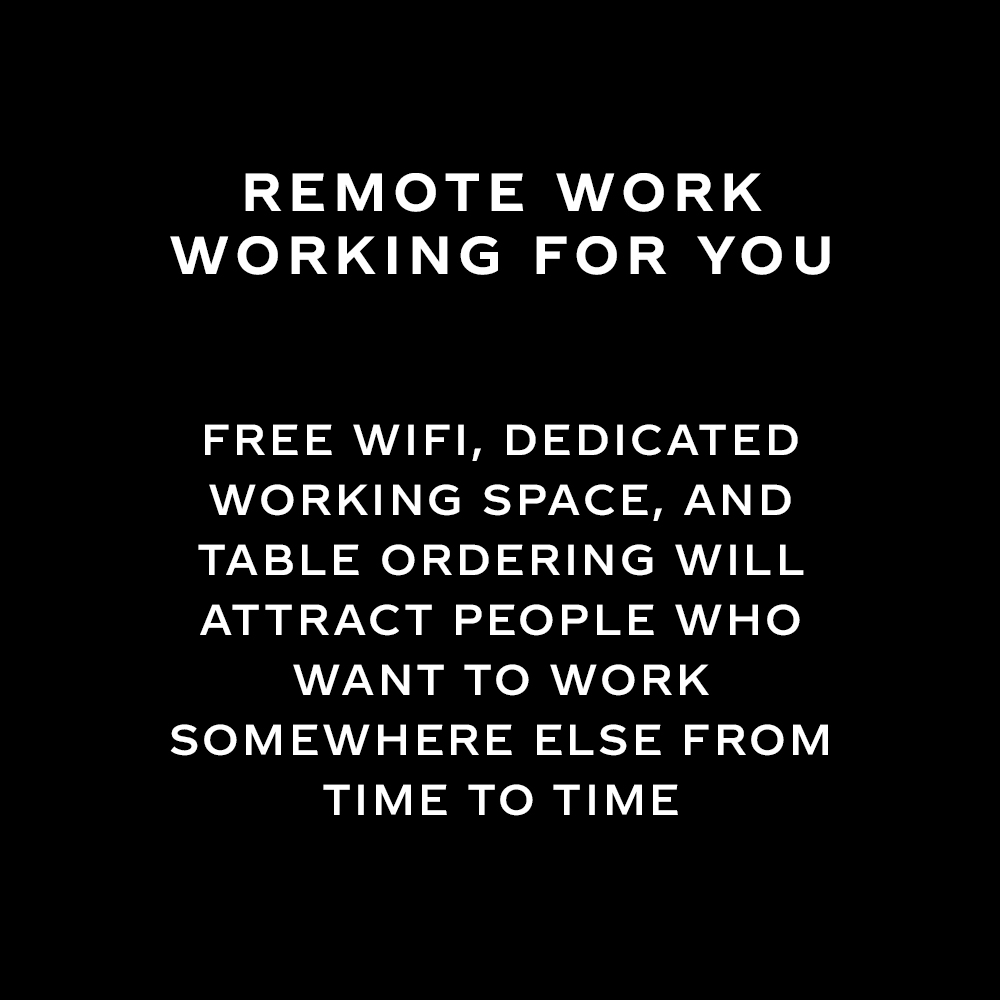 White text says 'Remote work working for you. Free wifi, dedicated working space, and table ordering will attract people who want to work somewhere else from time to time'