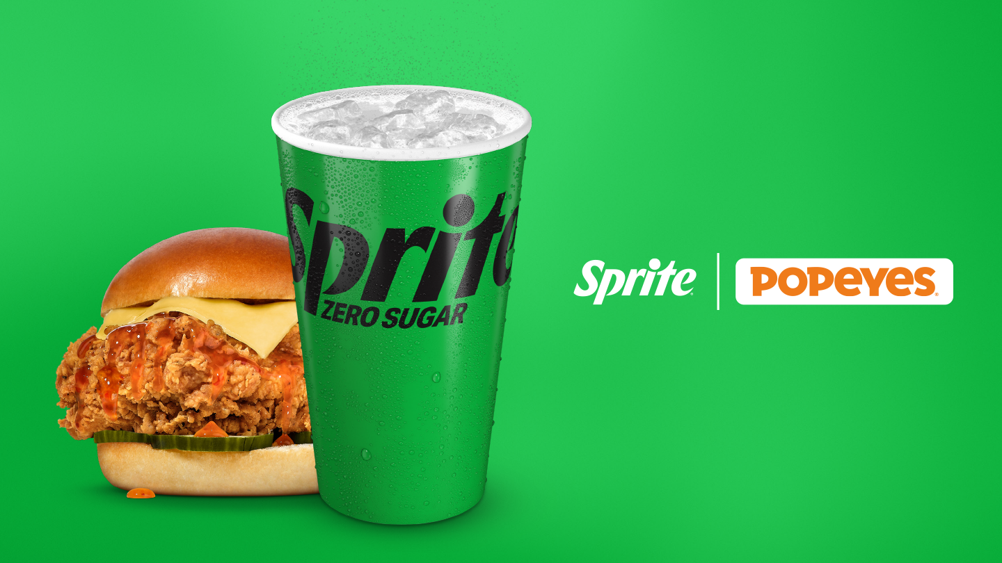 sprite zero sugard and a hot honey chicken burger from popeyes