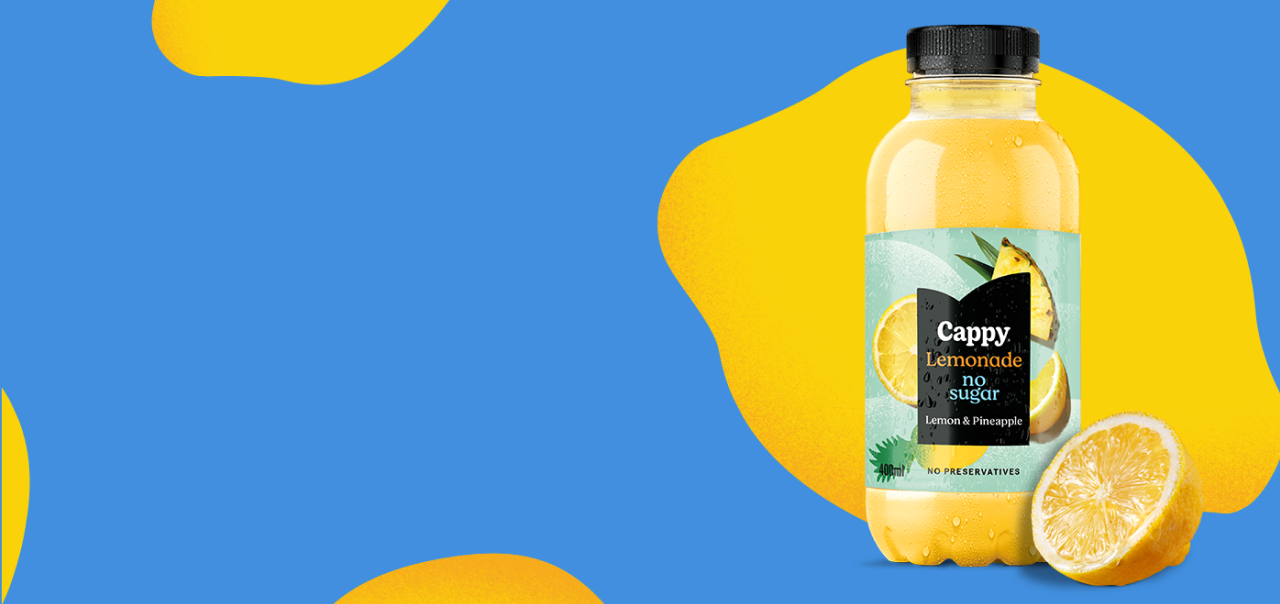 A bottle of Cappy lemonade with half a lemon at its base, set against a blue background with illustrated lemons.